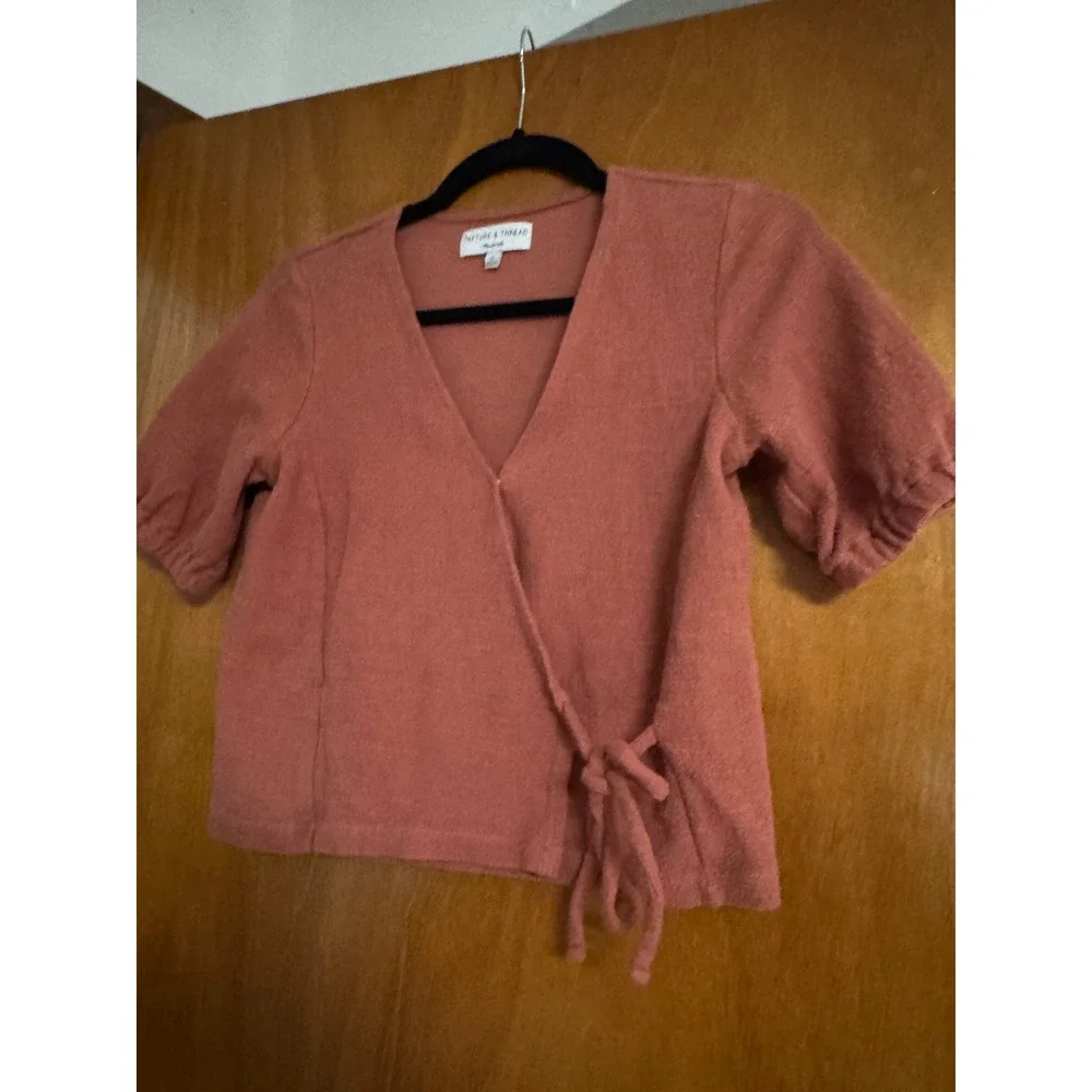 Madewell Texture & Thread Terracotta Cotton Wrap Top Puff Sleeve XS